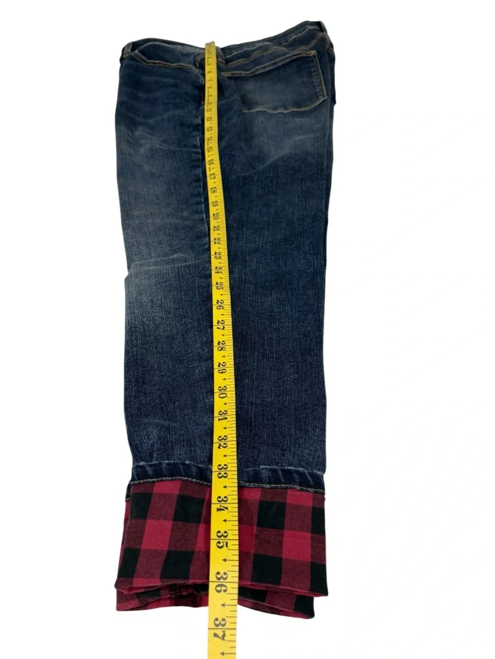 Maurices Blue Boyfriend Jeans with Red Plaid Cuffs